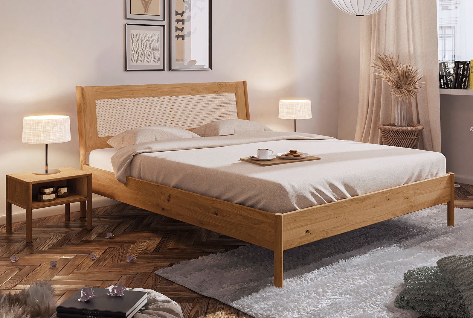 Bett PARIS Eiche massiv mit Rattan-Kopfteil 90x200