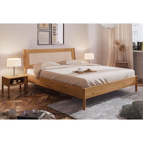 Bett PARIS Eiche massiv mit Rattan-Kopfteil 90x200