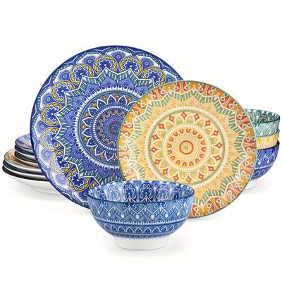 TEMU 12 Pcs Dinner Set Colourful Boho Style Porcelain Tableware Plates Set, Include Bowls And Plates Set, For Home Kitchen Restaurant Hotel, Kitchen Supplies, Tableware Accessories, Service For 4