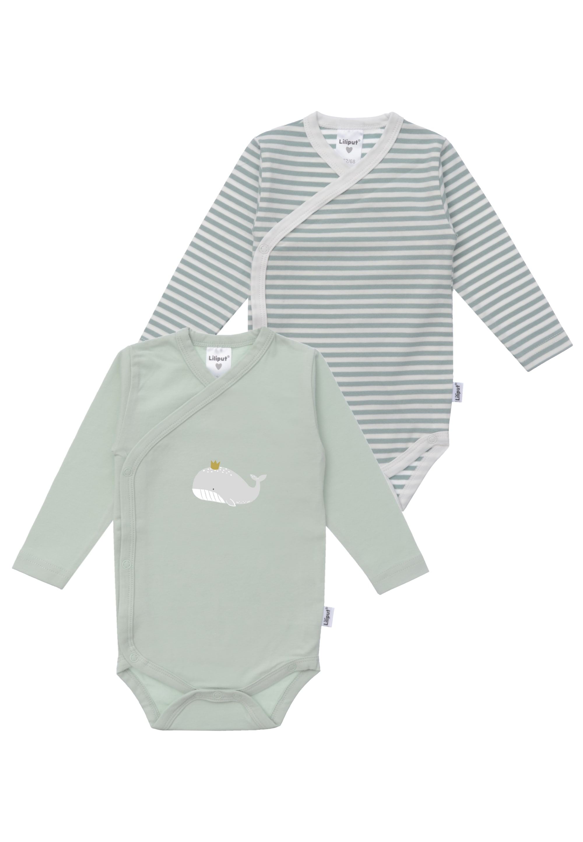 Body LILIPUT "Wal", Jungen, Gr. 50/56, EURO-Größen, grün (hellgrün), 95% Baumwolle, 5% Polyester, bedruckt, V-Ausschnitt, Bodys Body, Doppelpack mit praktischen Druckknöpfen