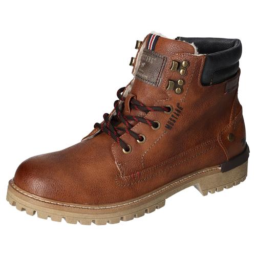 Winterboots MUSTANG SHOES Gr. 43, braun (cognac used) Herren Schuhe Schnürboots, Stiefelette, Workerboots, Kontrastbesatz, Logo-Aufnäher