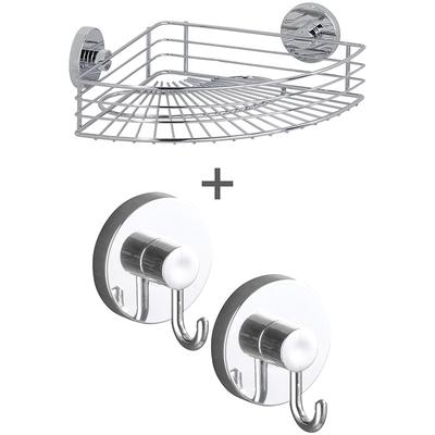 Eckregal WENKO "Vacuum-Loc Modell Bari", silber (chrom), B:31cm H:9,2cm T:22,5cm, Metall, Regale, fürs Badezimmer mit 2 Haken, Befestigen ohne Bohren Image