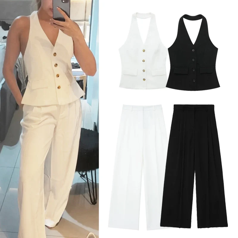 HXAO Pantaloni Set Per Le Donne 2 Pezzi Outfit 2024 Estate Halter Senza Maniche Canotta Top Pantaloni Larghi Delle Signore di Modo Nero Bianco vestito