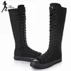 Koreanische Stil flache Stiefel Mode schlanke lässige High-Top plus Größe 42 43 Leinwand Damen Tanz schuhe Reiß verschluss Frauen lange kniehohe Stiefel