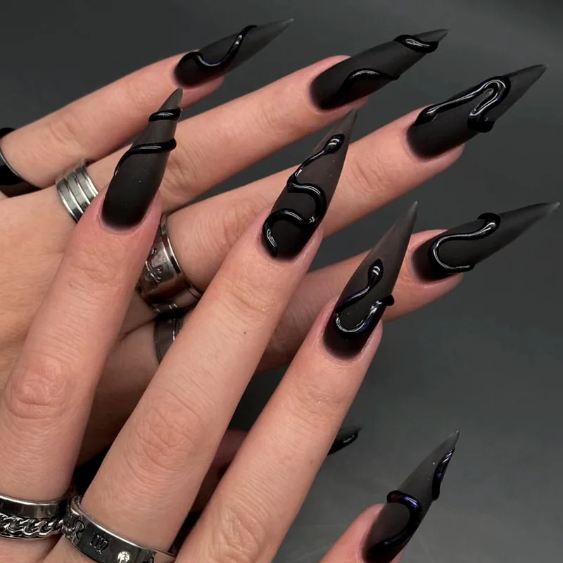 24 Stück Halloween Dark Scrub Künstliche Nägel Drücken Sie auf die Nägel Tragbare Y2K-Nägel Super lange spitze Nägel 3D Black Snake Falsche Nägel Spitze Image