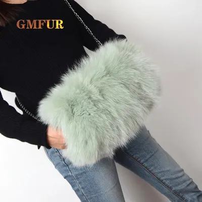 100% Real Fox Fur Hand Warmer Bag Winter New Ladies Authentic Fluffy Cute Brand Chain Shoulder Bag