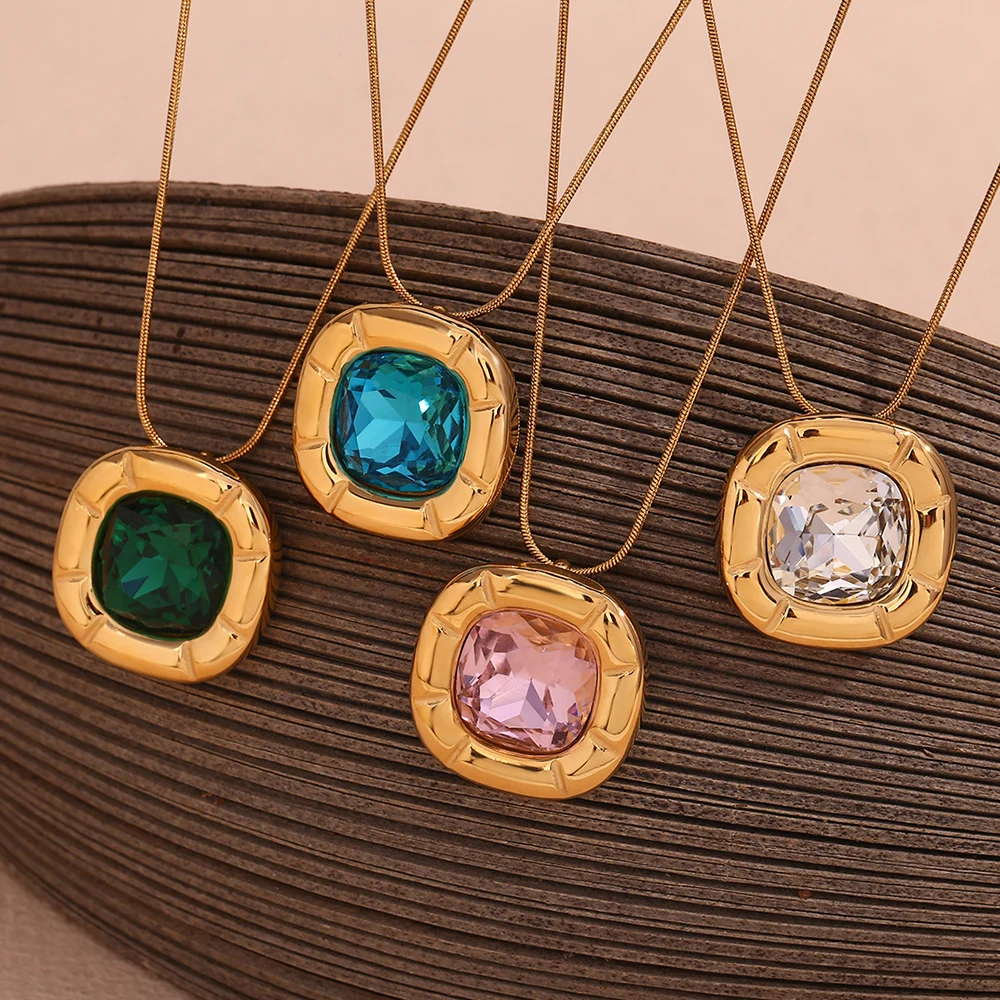 E.B.belle Vintage Rechteckiger Abgerundeter Zirkon Anhänger Damen Dünne Kette Einteiler Edelstahl Schmuck Accessoires Geschenk Damen
