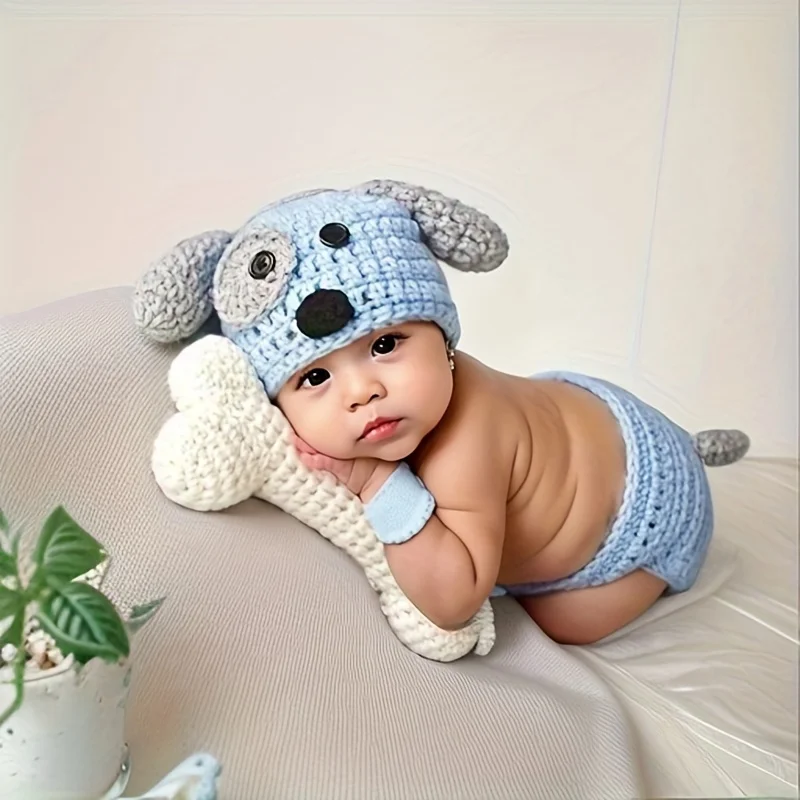 Charmantes Säuglingsanzug-Set, blaues Welpenkostüm, Baby-Fotoshooting-Outfit, Fotografie für Neugeborene, Fotografia, Neugeborene, Schießzubehör Image