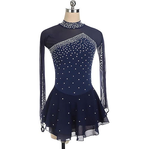 Eiskunstlaufkleid Damen Mädchen Eislaufen Kleid Schwarz Burgund Blau Asymmetrischer Saum Netzstoff Hohe Elastizität Training Wettbewerb Eiskunstlaufkleidung Klassisch Kristall / Strass Langarm Image