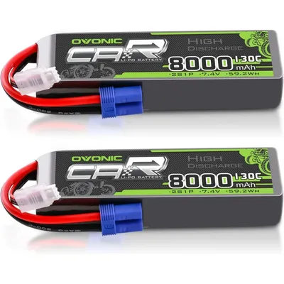 OVONIC 2S LiPo Battery 8000mAh 7.4V 130C RC Battery with EC5 Connector (2 Pack)