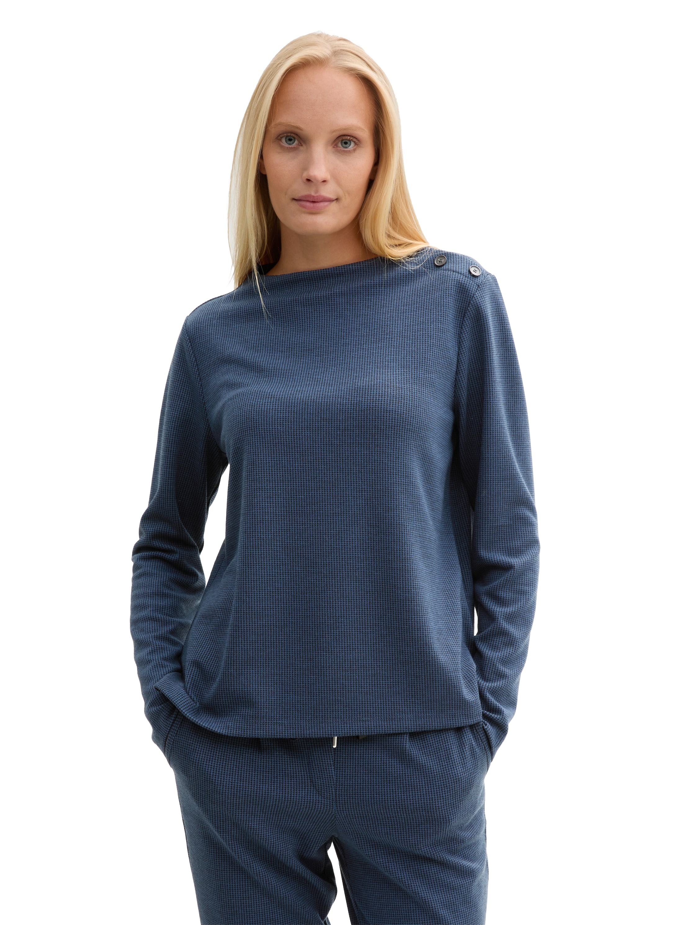 Longsweatshirt TOM TAILOR, Damen, Gr. XS (34), blau (colony blau schwarz mini pepita), Obermaterial: 66% Polyester, 32% Viskose, 2% Elasthan, Jacquardmuster, regular fit taillenbedeckt, U-Boot-Ausschnitt, gerader Abschluss, Sweatshirts, mit Knöpfen...