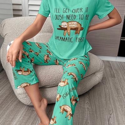 TEMU Wear) Women's Cute Sloth Print Pajama Set - Mint Green Short Sleeve Top & Long Pants, Cozy Polyester Blend Sleepwear With Fun Animal Pattern