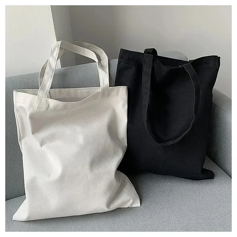 Große Kapazität Schwarz Weiß Canvas Schultertasche Falten Einfache Casual Handtasche Wiederverwendbare DIY Schultertasche Einkaufstasche