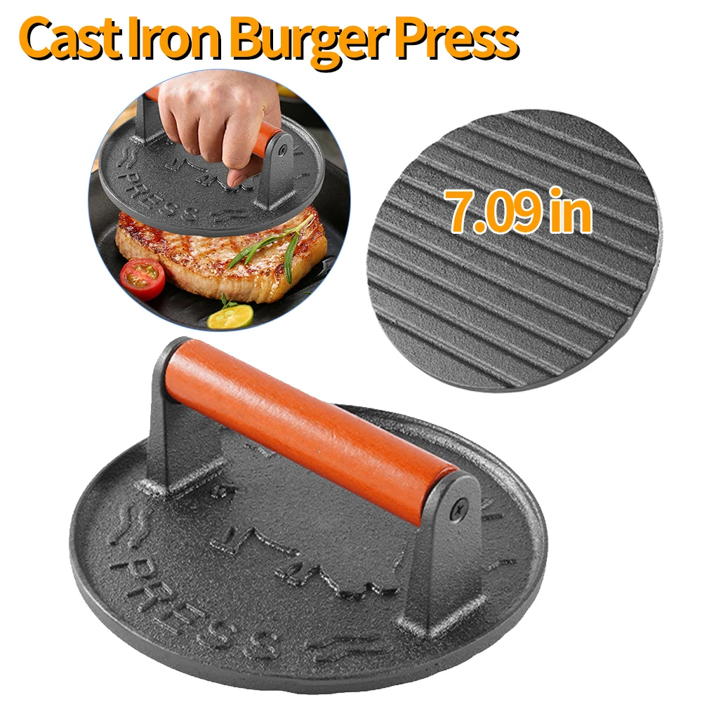 Gusseisen Burger presse runde rechteckige Grill presse für Flat-Top-Grill Hamburger Mühle Steak Fleisch Hoch leistungs presse Küche