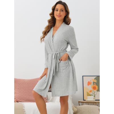 Womens Robes Ribbed Knit Tie Waist Long Sleeves Winter Knee Length Sleepwear with Pockets Bathrobe