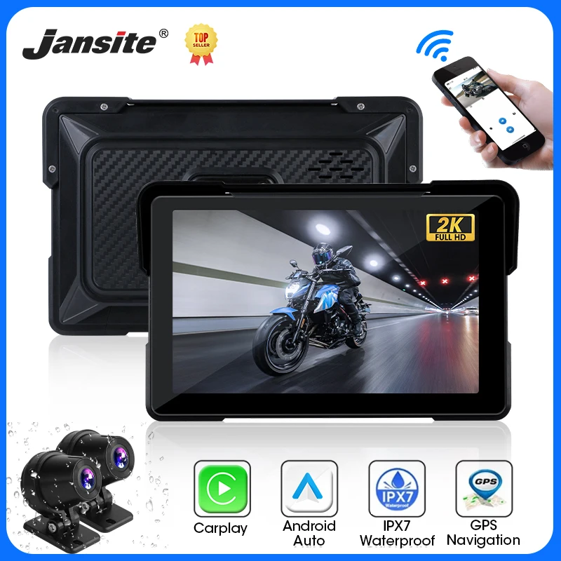 Jansite 5/7 pollici Moto Carplay DVR 2K HD Doppia Lente di Navigazione GPS Wireless CarPlay Android Auto Monitor Moto Portatile