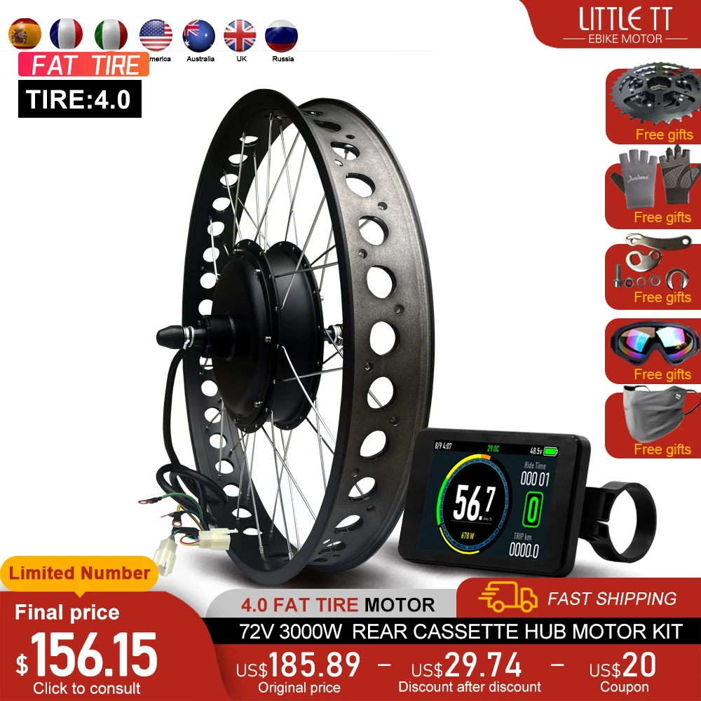 Kit bici grassa elettrica 72V 3000W 4.0 pneumatico cassetta posteriore mozzo brushless ruota motore 20/24/26 pollici per kit di conversione ebike da neve