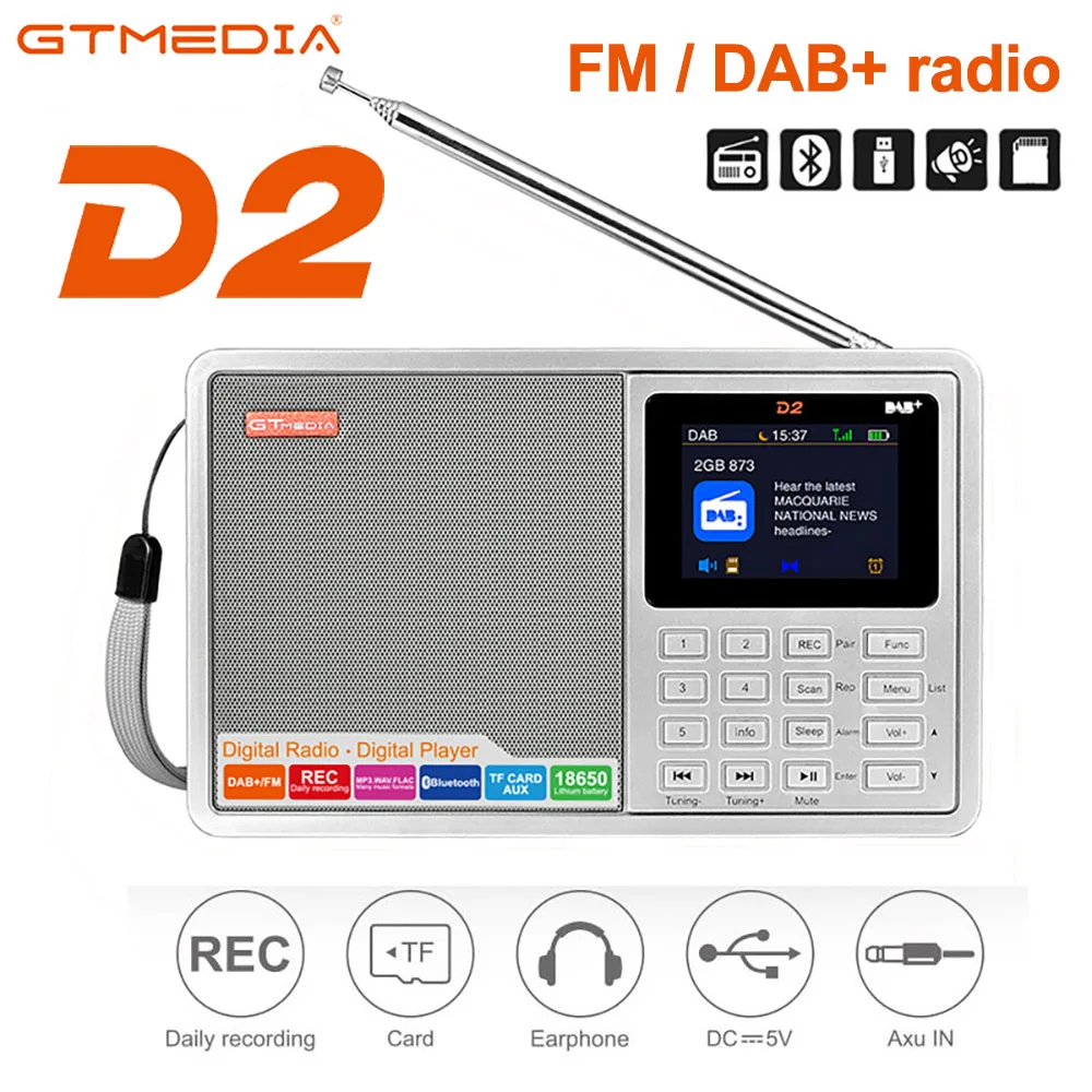 GTMEDIA D2 FM/DAB + RDS Radio portatile Full Band con auricolare stereo multifunzione ascolto Radio ricaricabile display a colori TFT
