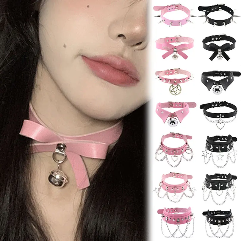 1Pc Sexy Frauen Cosplay Rock Rosa Bowknot Halsketten Schmuck Goth Stern Süße Herz Nieten Harajuku Punk Egirl Leder Halsband groß
