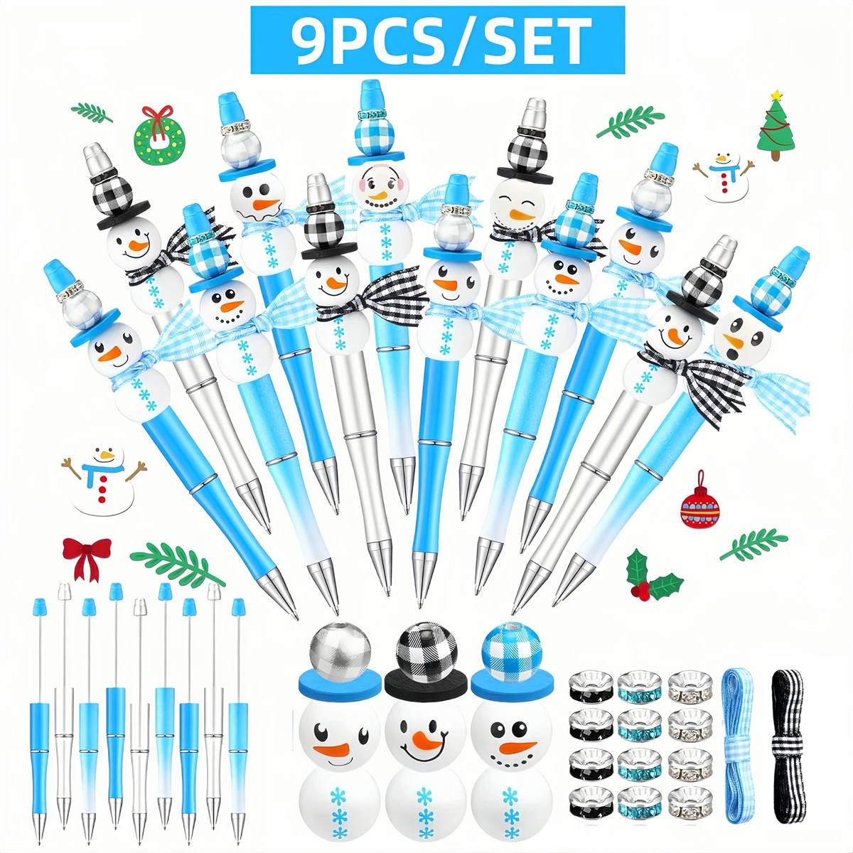 【 Blauer Weihnachtsschneemann】 9-teiliges neues kreatives blaues buntes Weihnachts-Schneemann-Thema zum Selbermachen mit Perlen, Kugelschreiber und Holzperlen-Set Image
