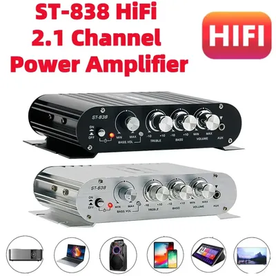 ST-838 HiFi 2.1 Channel Power Amplifier Bass and Treble Adjustment 80W*2 Audio Amplifier Black Car