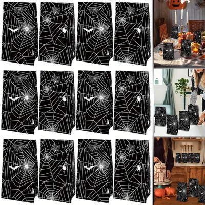 12Pcs Paper Gifts Bags Spider Web Pattern Candy Wrapping Bag Goodies Treat Pouch for Halloween