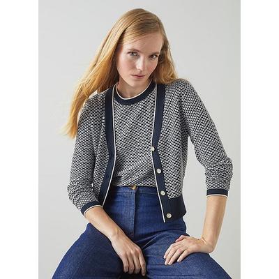 Honey Blue Cotton-Merino Blend Waffle Knit Cardigan Navy Ivory, Navy Ivory
