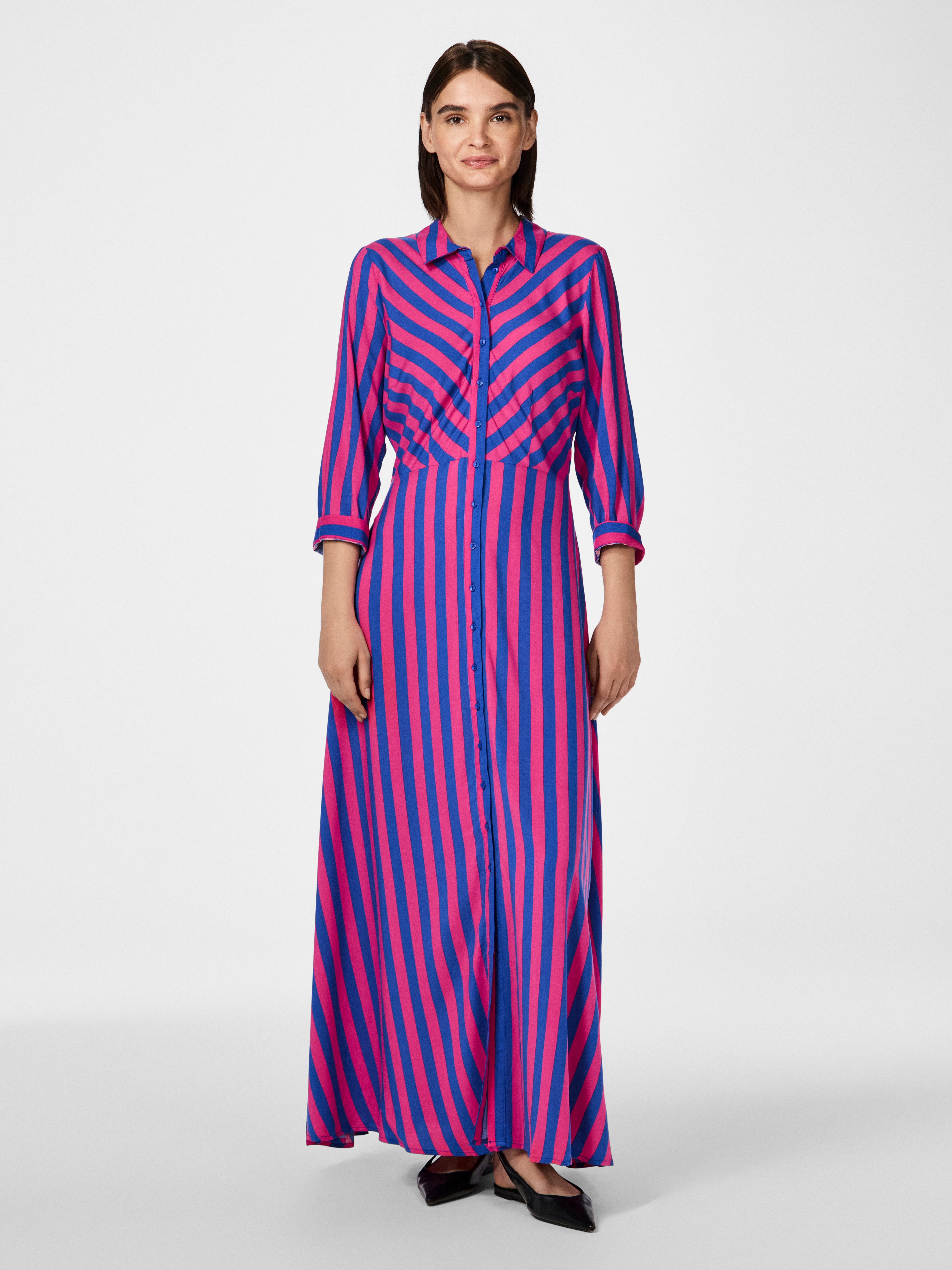 Hemdblusenkleid Y.A.S "YASSAVANNA LONG SHIRT DRESS", Damen, Gr. XL, N-Gr, bunt (fuchsia fedora stripes:blau lolite), Web, Obermaterial: 100% Viskose, gestreift, relaxed fit lang, Kleider, Sommerkleid, mit 3/4 Ärmel Image