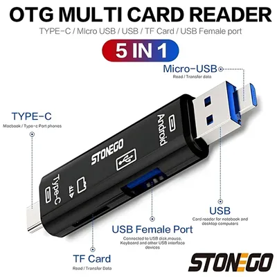 Stonego 5 in 1 USB/TypeC/Micro USB OTG adapter portable card reader for Android Windows smartphones