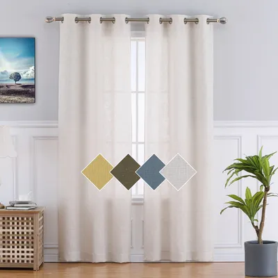 2 pcs Natural Linen Blend Textured Semi-Sheer Grommet Window Curtain Panels for Living Room Bedroom