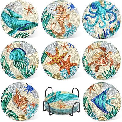 Ocean Diamond Art Painting Coaster Kit 8Pcs DIY Crafts Kit with Holder Non Slip Coaster Art Supplies for Adults Ideal Christmas Gift