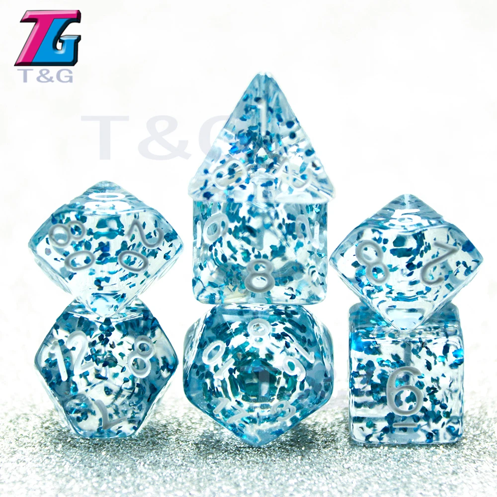Dadi poliedrici Glitter Dnd Rpg TRPG 7 pz/lotto Set di dadi digitali Glitter trasparenti D4,6,8,10,10%,12,20 per giochi da tavolo multifacciale