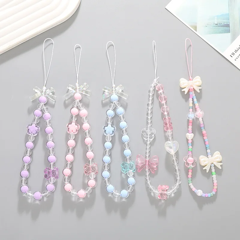 Lanière perlée pour téléphone portable pour femme et fille, ULanti-perte pour smartphone, couleur bonbon, pendentif pour sangle de téléphone, cadeaux d'été