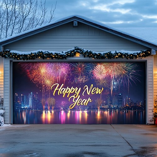 Wandteppich Neujahrs-Garagentorabdeckung, Luftballons, Feuerwerk, Outdoor-Banner, großer Hintergrund für Feiertage, Outdoor-Garagentor, Wanddekoration für Zuhause Image