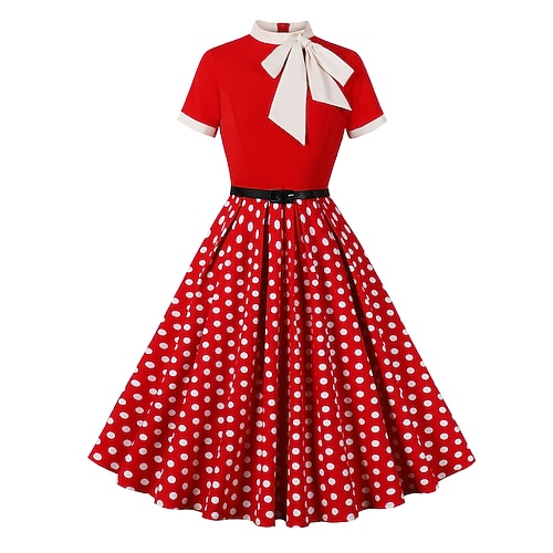 Retro Vintage 1950er Hepburn Kleid Blumen Tupfen A-Linie Rundhals Kostüm Damen Karneval Neujahr Maskerade Alltagstauglich Junggesellinnenabschiedsparty Erwachsene Kleid Image