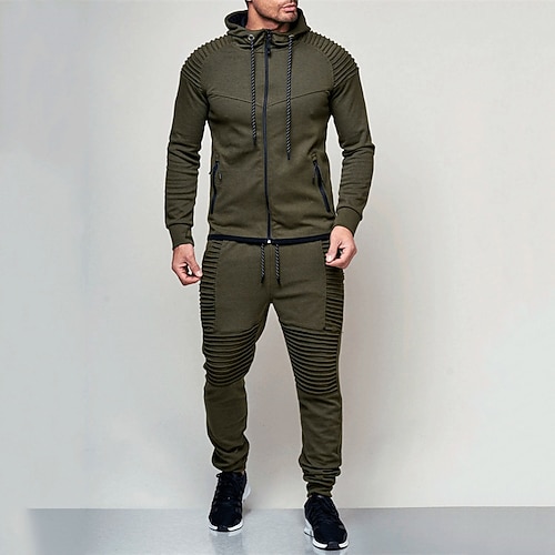 Herren Trainingsanzug Jogginganzug Kordelzug Tasche Einfarbig Jacke und Jogginghose Sportbekleidungsset Frühling Herbst Dunkelgrau Schwarz Fitnesstraining Joggen Laufen Weich Atmungsaktiv Langarm Image