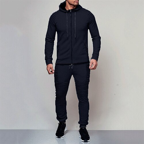 Herren Trainingsanzug Jogginganzug Kordelzug Tasche Einfarbig Jacke und Jogginghose Sportbekleidungsset Frühling Herbst Dunkelgrau Schwarz Fitnesstraining Joggen Laufen Weich Atmungsaktiv Langarm Image