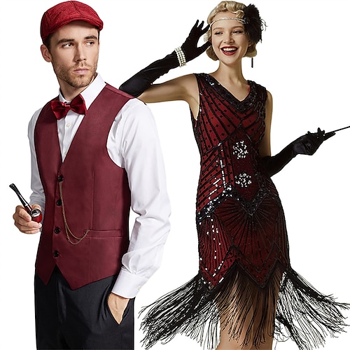 Goldene Zwanziger 1920er Flapper Kleid Outfits Weste Der große Gatsby Gentleman Hochzeitsgast Pailletten Quastenfransen Kostüm Herren Damen Neujahr Maskerade Abschlussball Party Hochzeitsempfang Image
