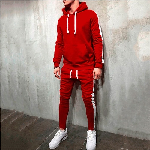 Herren Trainingsanzug Jogginganzug Kordelzug Tasche Farbblock Kapuzensweatshirt Jacke und Jogginghose Sportbekleidungsset Frühling Dunkelgrau Schwarz Fitnesstraining Joggen Laufen Weich Atmungsaktiv Image