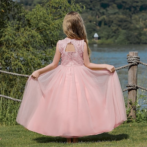 kinderkleidung Mädchen Blumenmädchen Kleid Party Kleid Feste Farbe Ärmellos Leistung Hochzeit Party Gitter Rückenfrei Patchwork Elegant Süß Polyester Spitze Maxi abendkleider Schaukelkleid Tüll-Kleid Image
