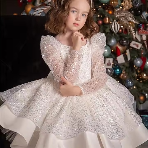 kinderkleidung Mädchen Party Kleid Feste Farbe Langarm Leistung Hochzeit Party Gitter Prinzessin Süß Gitter Mitte der Wade Etuikleid Tüll-Kleid Sommer Frühling Herbst Kinder Weiß Champagner Image