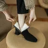 NEUE Winterstiefel Damen Schaf-Wildleder-Lederschuhe für Damen, quadratische Zehen, klobiger Absatz, Schuhe mit Reißverschluss, moderne Stiefel, schwarze Wolle, warme Stiefel