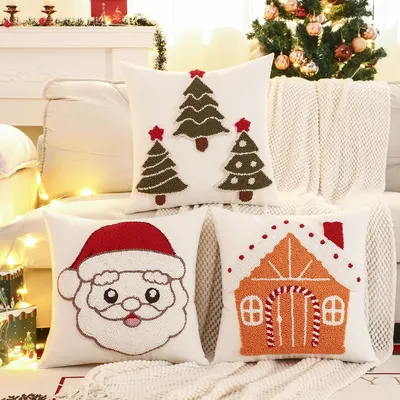 1PC Weihnachtsdekoration Dekokissenbezug Stickerei Leinwand getufteter Weihnachtsbaum Weihnachtsmann Image