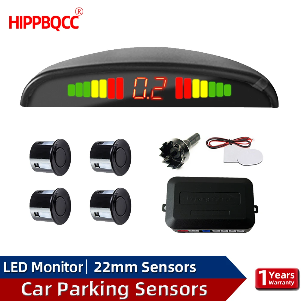 HIPPBQCC Parksensor-Set, LED-Anzeige, 22 mm, 4 Sensoren, akustischer Alarm, Hintergrundbeleuchtung, Reverse-Backup-Radar-Überwachungssystem, 4 Farben Image
