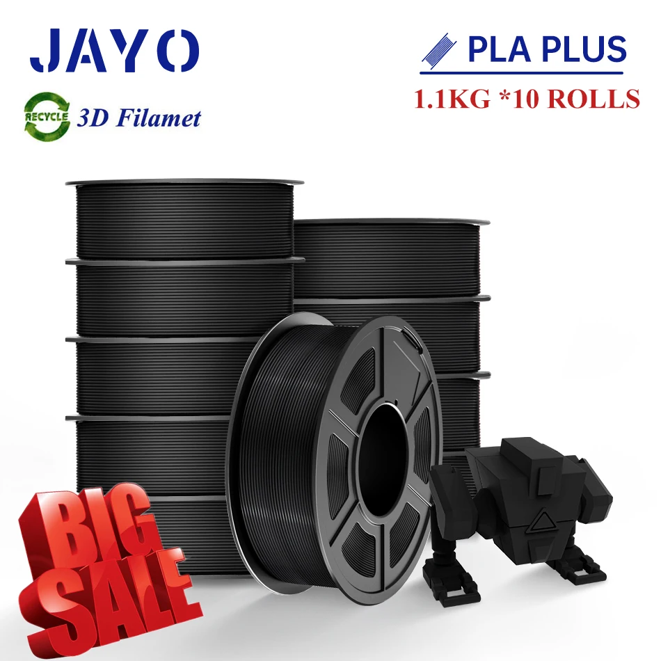 JAYO PLA/PETG/SEIDE PLA+/ PLA plus 3D-Filament 10 Rollen/Set 1,75 mm 3D-Drucker-Filament Recycling 3D-Druckmaterialien Schwarz Image