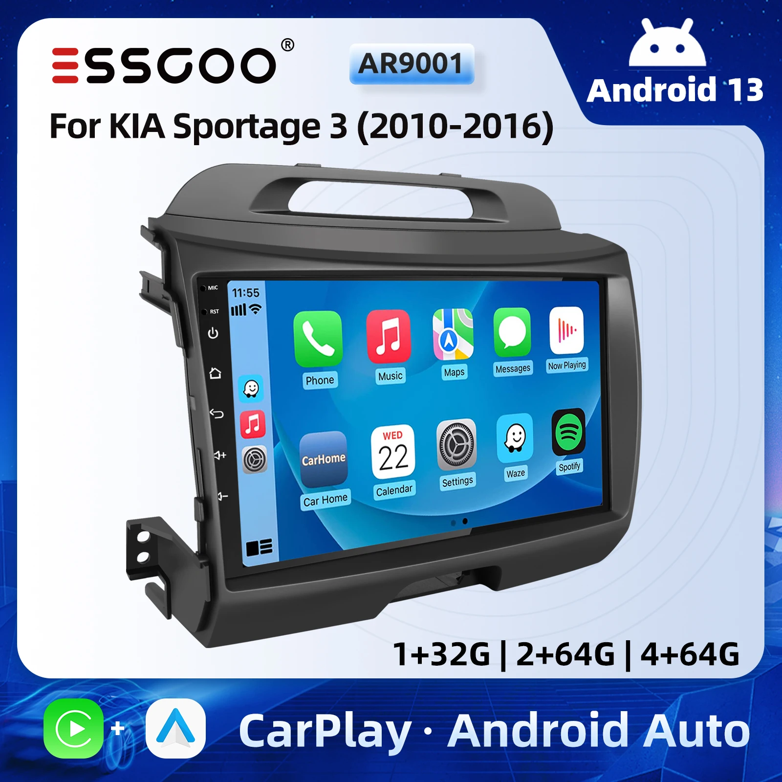 ESSGOO 9" Carplay Autoradio Multimedia-Player Android 13 Auto GPS SAT Navigation Wifi Bluetooth RDS FM USB Für KIA Sportage 3 2010-2016 Image