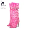 Mode Flauschigen Fell Knielangen Stiefel Elegante Weibliche Party Schuhe 6CM 10CM Stiletto Heels Winter Frauen Schuhe Spitze kappe Lange Stiefel