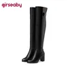 Girseaby Sexy Damen-Overknee-Stiefel mit mittlerem Blockabsatz, PU-Leder, große Größe 52, Party, warm, Winter, Plüsch, Schwarz, F1292