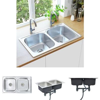 Küchenspüle Doppelbecken mit Sieb & Siphon Edelstahl - Küchenspülen & Spülbecken - Silber - The Image