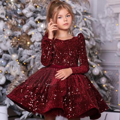 Kids Little Girls' Dress Solid Colored A Line Dress Sequins Ruched Yellow Red Knee-length Long Sleeve Cute Sweet Dresses Winter Fall Regular Fit 3-12 Years / Satin